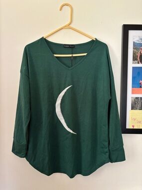 Forest Green V-Neck Long Sleeve Top with Crescent Moon